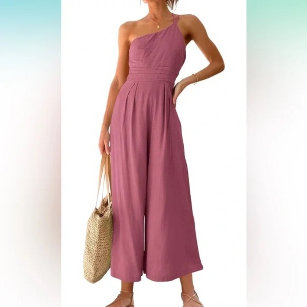 Anrabess Elegant One-Shoulder Jumpsuit in Pink Size S